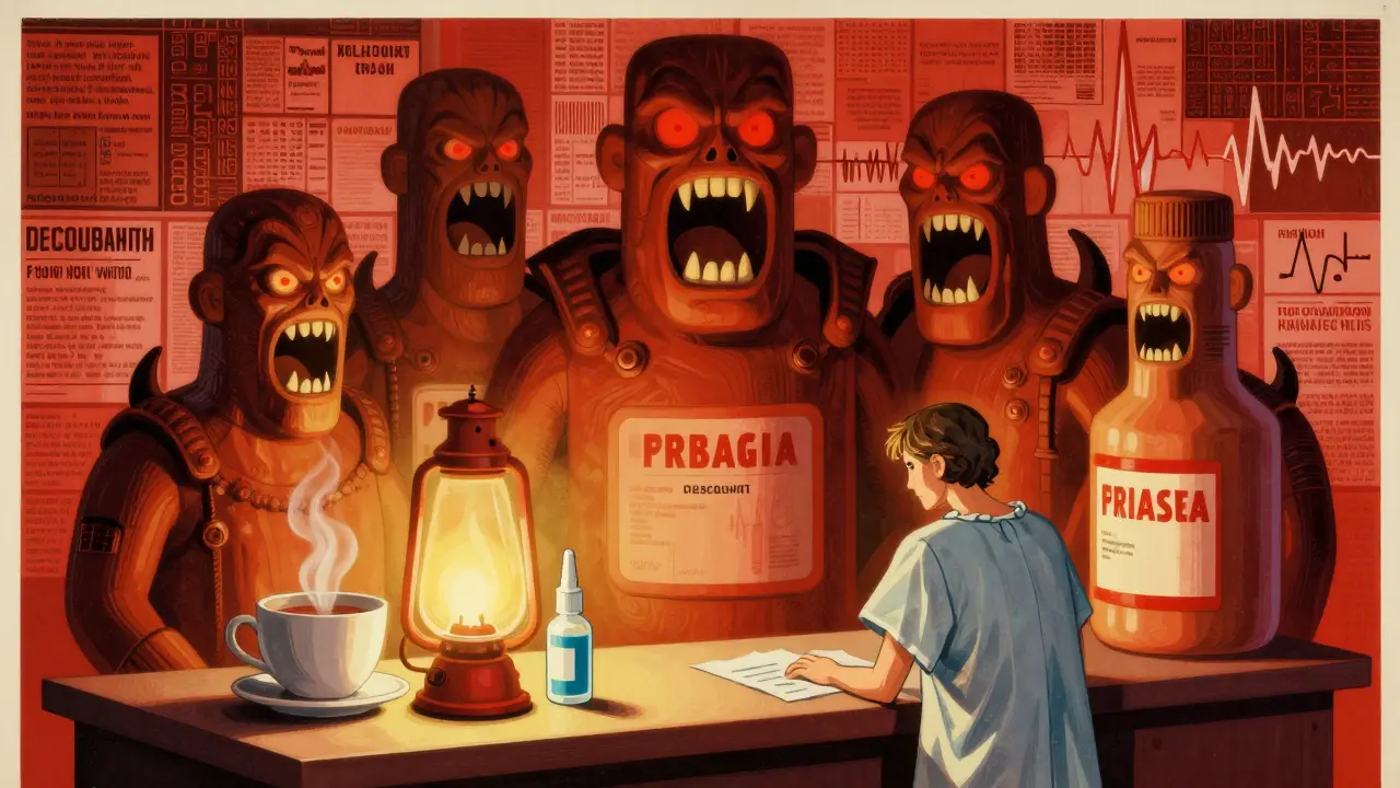 Massive menacing decongestant bottles loom over a patient at a pharmacy counter, while safe remedies glow softly.