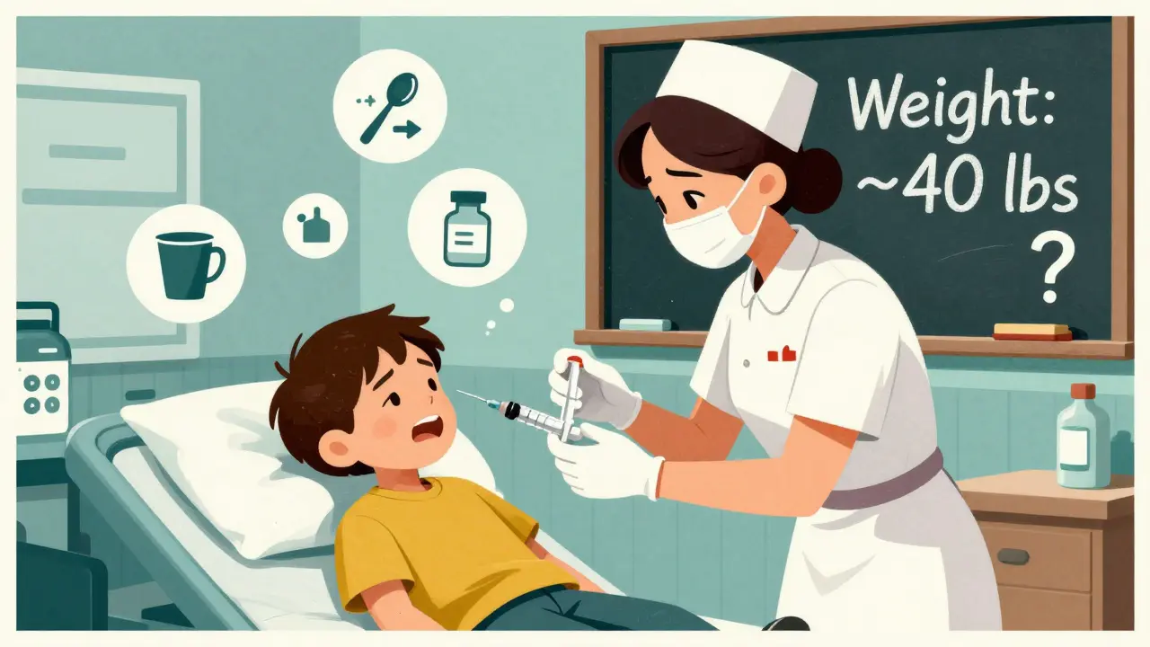 Nurse giving sedative to seizing child in chaotic ER with incorrect measuring tools floating nearby