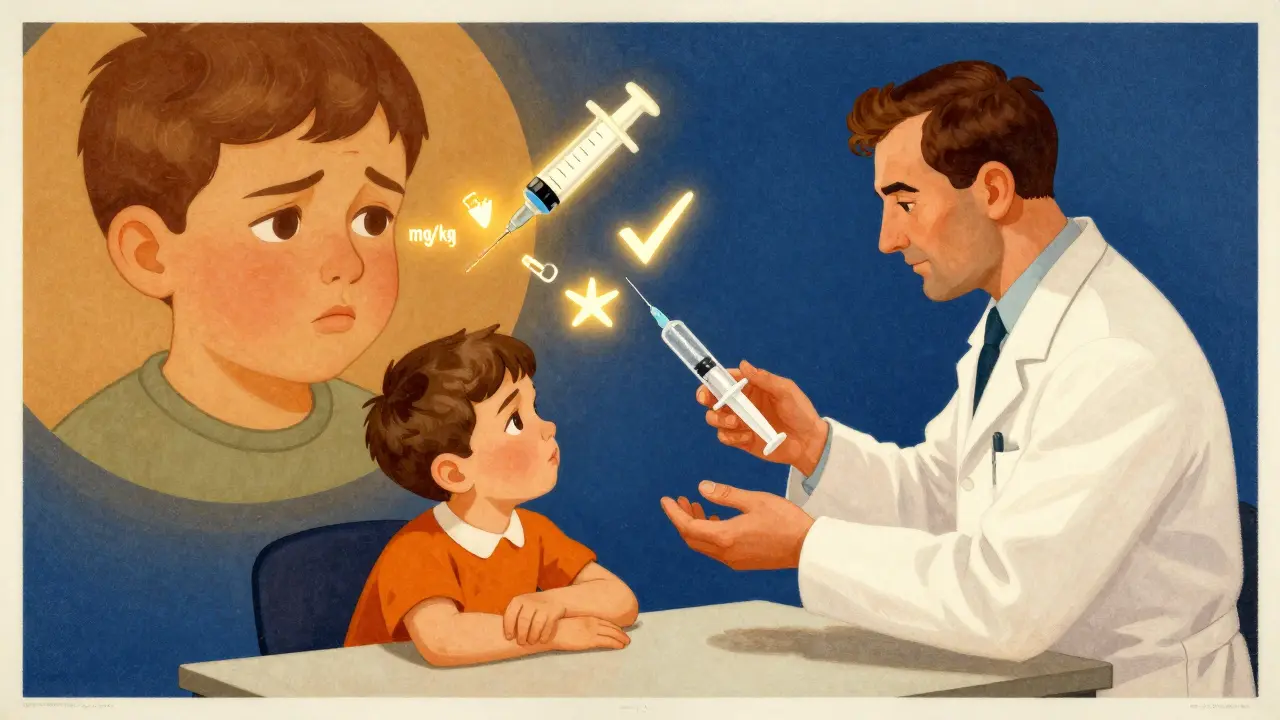 Parent learning correct syringe use from doctor with dosing symbols glowing in background