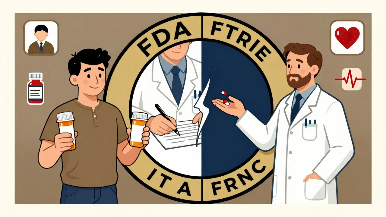 Patient holding two bottles before a split FDA seal, with medical icons floating around.