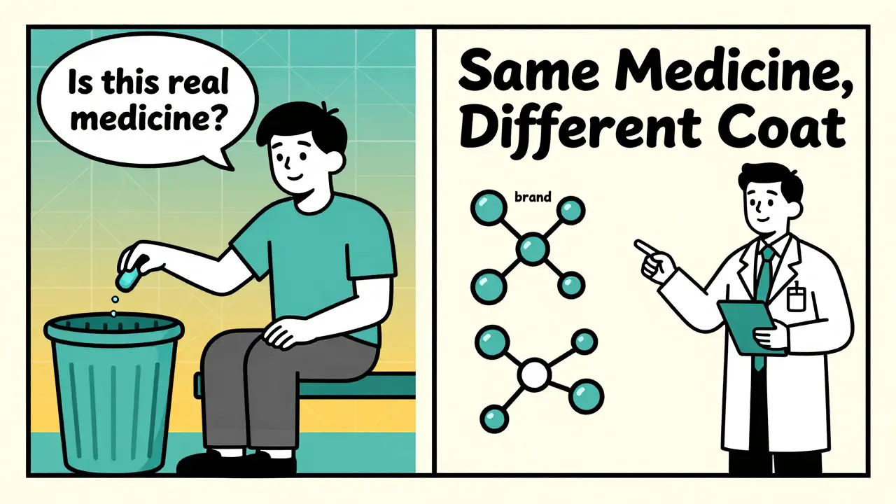 Patient throws away generic pill on left, then smiles at diagram showing brand and generic pills are the same on right.