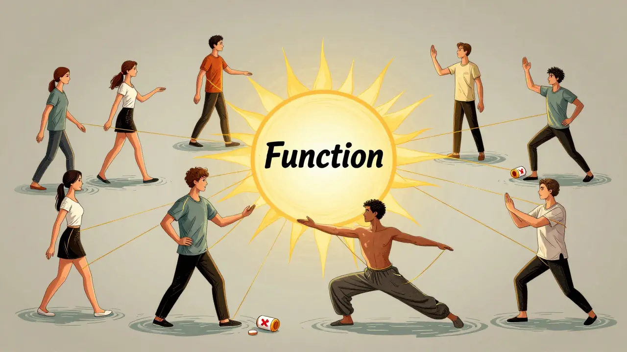 People moving gently in water and air, connected to a sun symbol, with discarded pill bottles nearby.