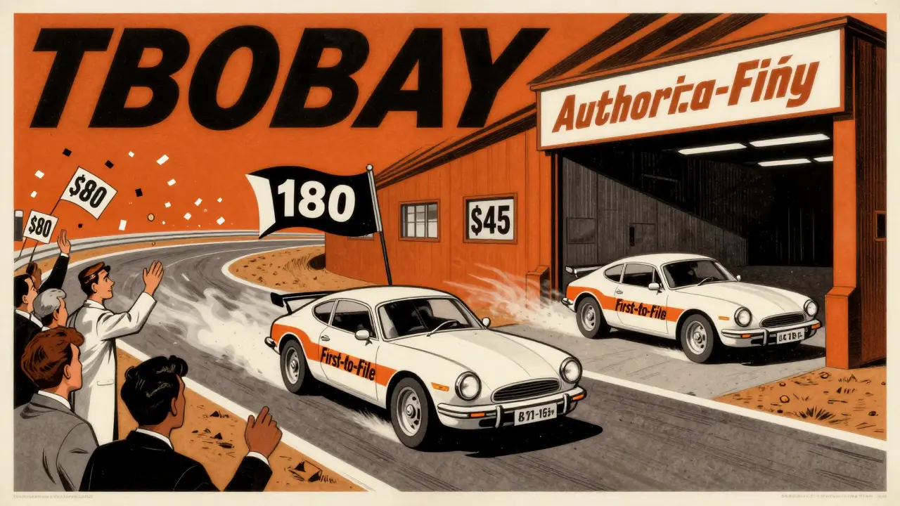 Racing track with two identical drug cars, authorized generic overtaking first-to-file