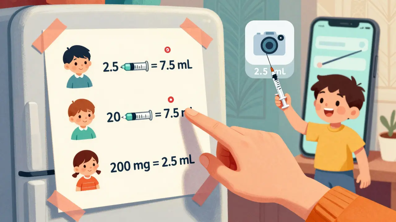 Refrigerator dosing chart showing child weights and correct medicine doses in milliliters.