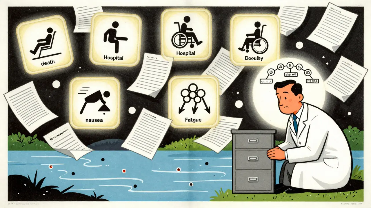 Researcher surrounded by chaotic reports, with six key criteria glowing above and mild symptoms flowing below.