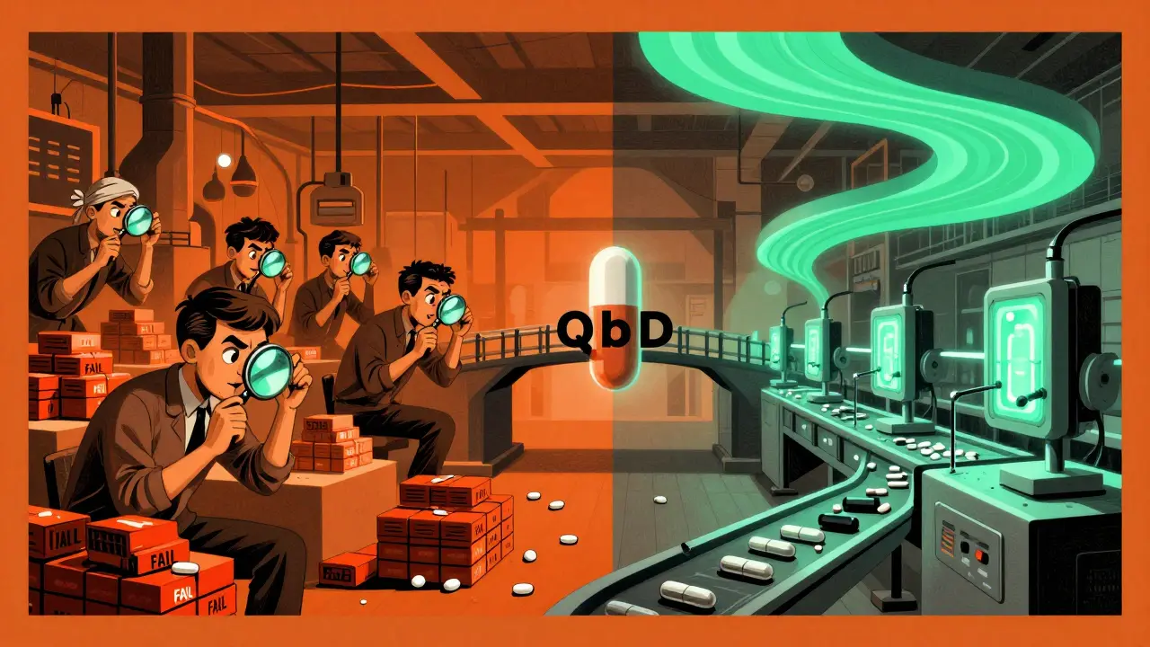 Split scene: chaotic traditional drug production vs. smooth QbD-controlled manufacturing with real-time sensors.
