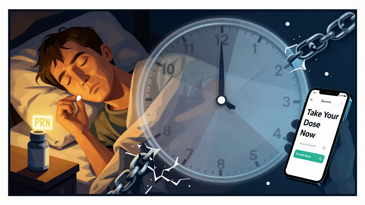 Split scene: one person taking medicine at night confused, another alerted by an app with perfect time intervals.