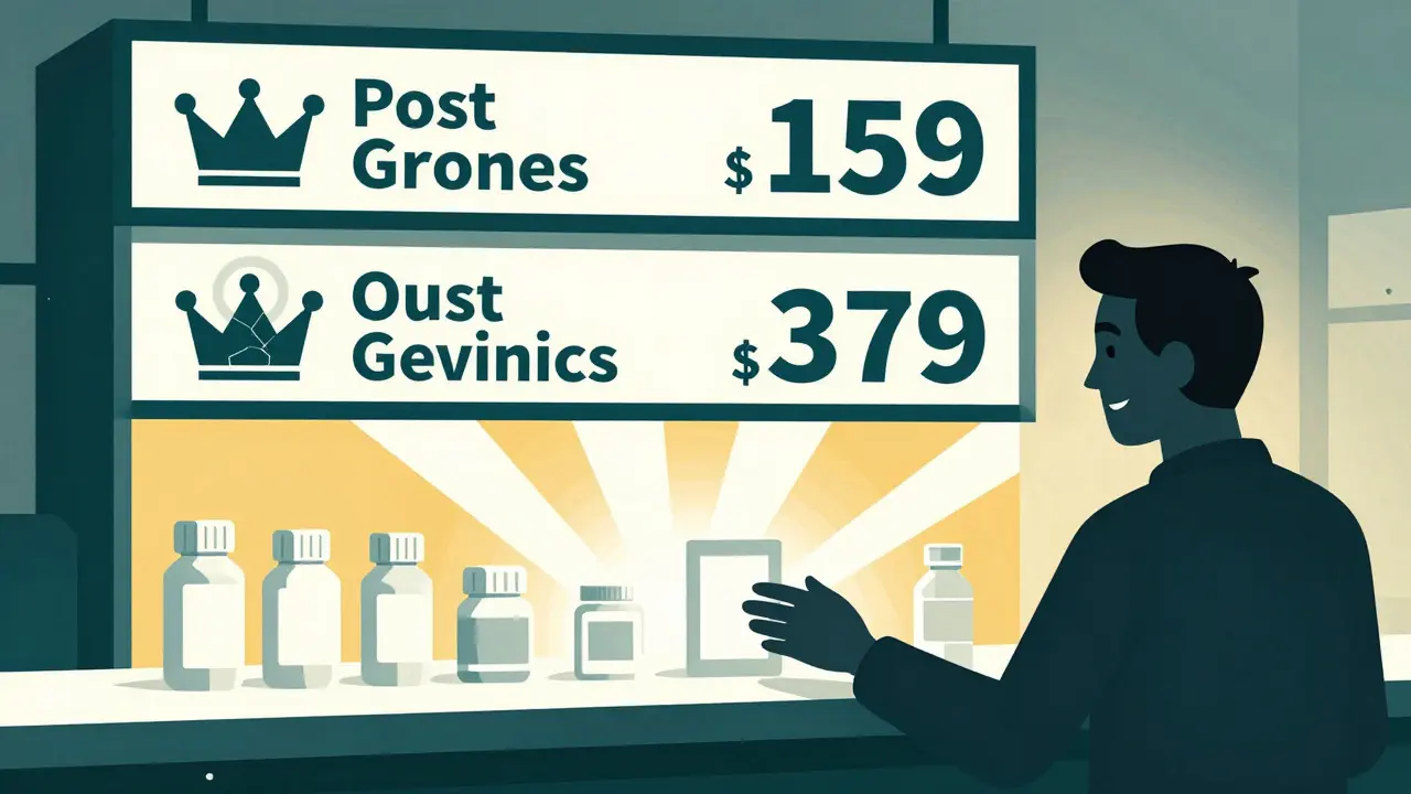 Three-tier pharmacy price display with generics at bottom, patient reaching for lowest cost