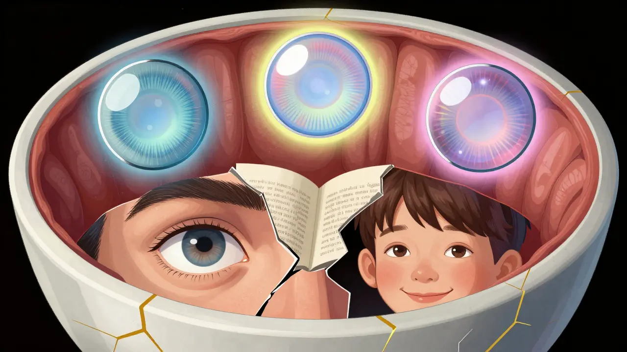 Three types of rigid contact lenses floating above a fragmented face, each restoring a different aspect of clear sight.