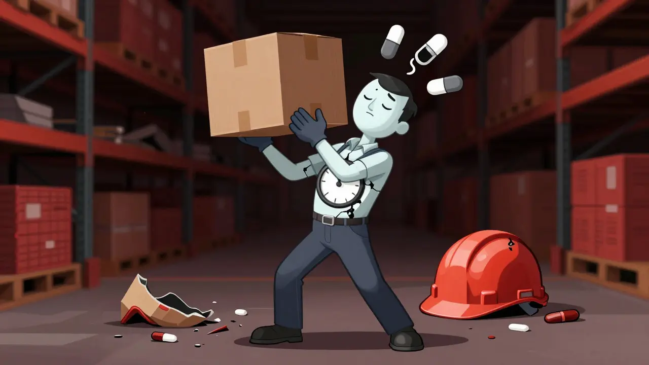 Warehouse worker drowsy from painkillers, with pills symbolizing slowed reaction, about to drop a box.