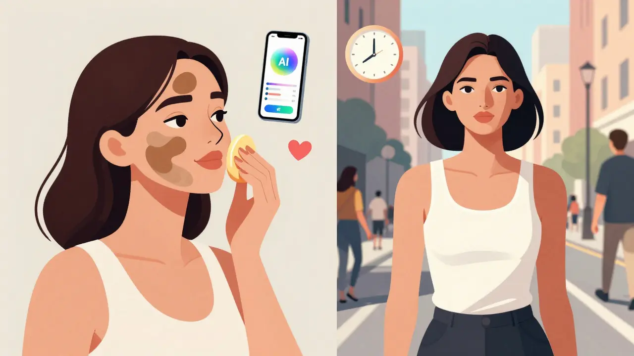 Woman confidently walking in a tank top, showing even skin tone after camouflage.