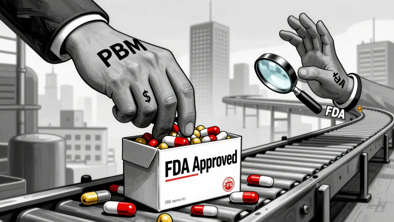 A factory producing inconsistent pills, with corporate and regulatory hands making choices.