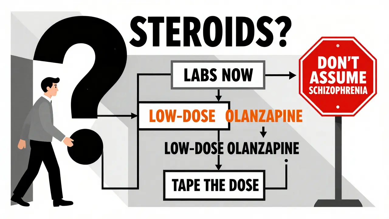 A geometric flowchart for emergency response to steroid psychosis, with critical steps marked and a red stop sign blocking misdiagnosis.