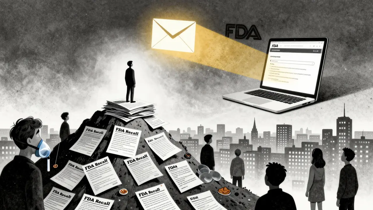A person stands above a pile of ignored recalls as an FDA alert email shines like a guiding light.