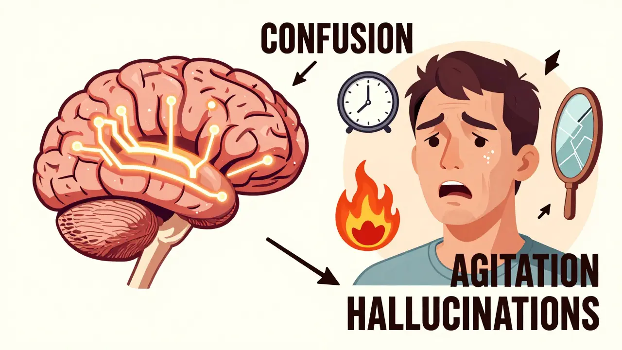 A split-brain illustration showing overstimulated receptors and a face transforming from calm to terrified, with warning signs in bold text.