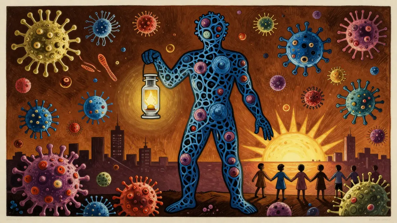 A symbolic human figure made of immune cells holding an immunoglobulin vial, defending against pathogens in a stormy landscape.