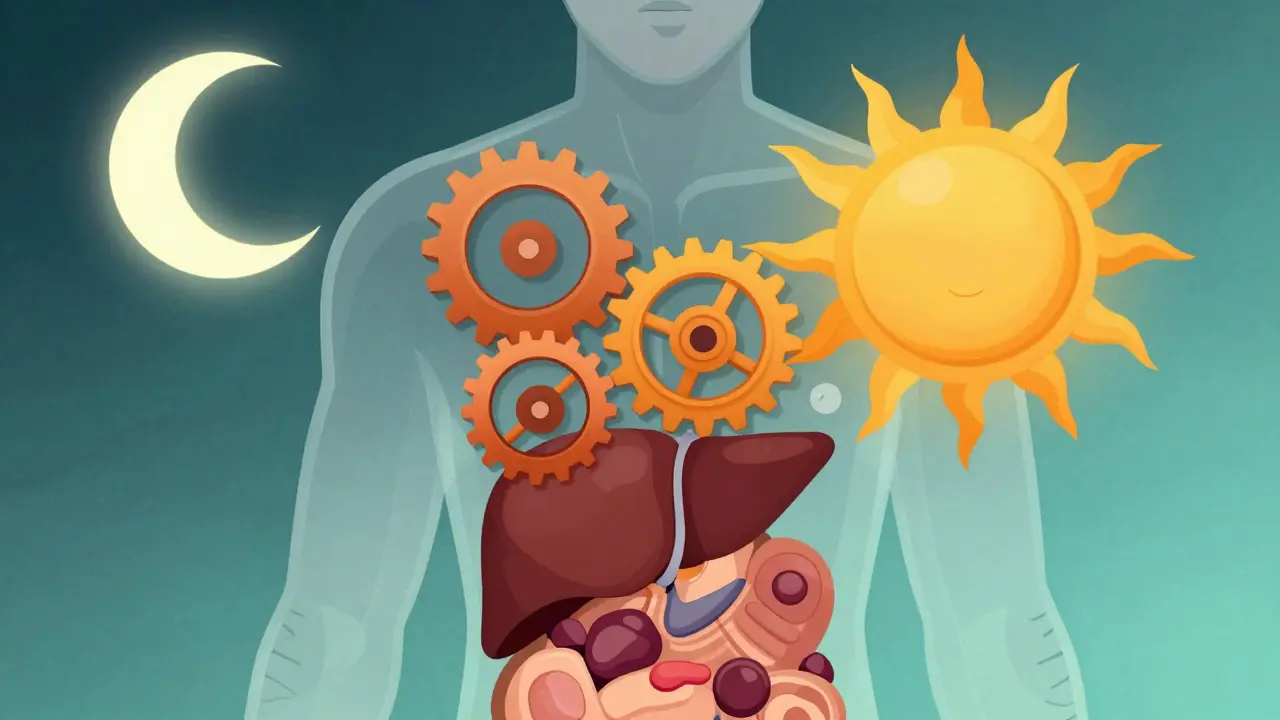 Abstract human torso with liver and fat cells as gears out of sync