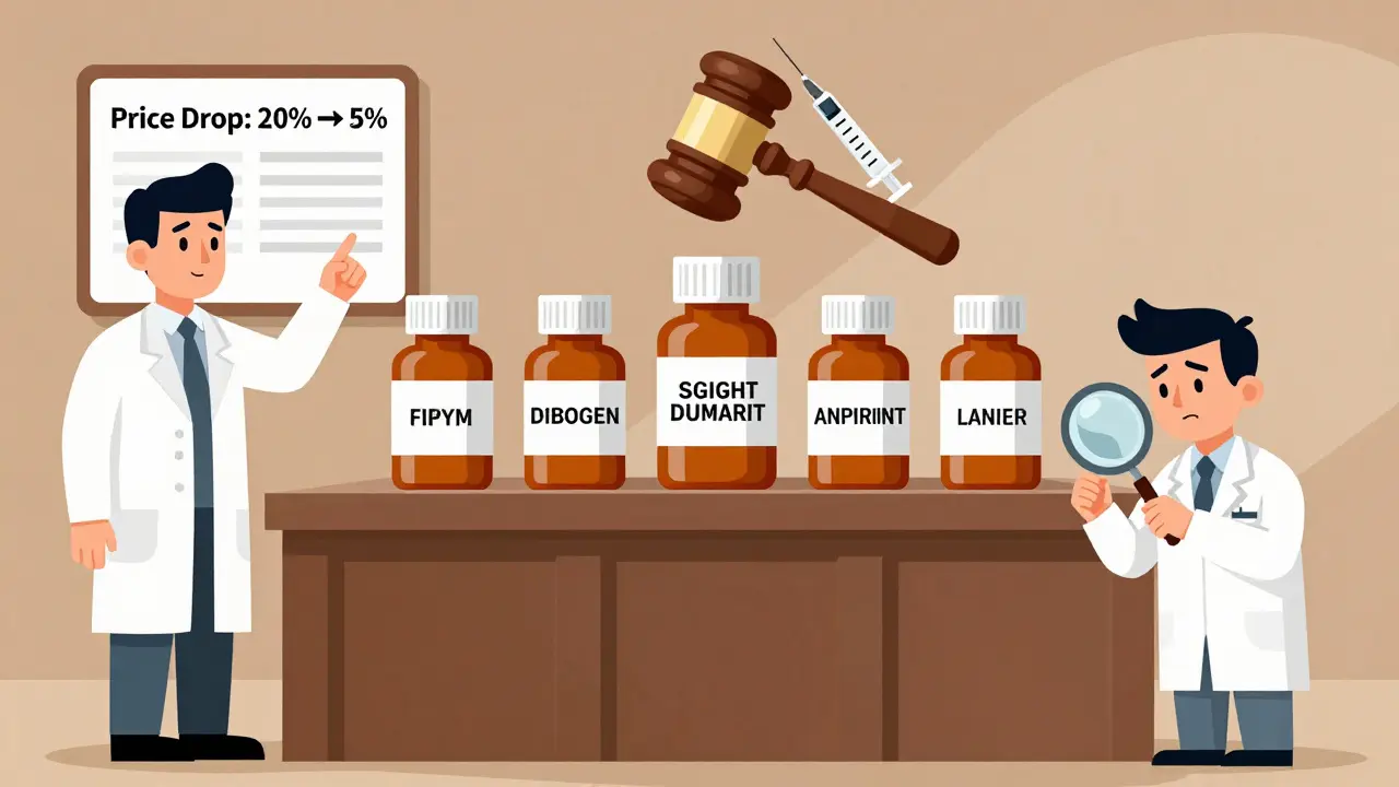 Five generic drug bottles on trial under a syringe gavel, with a technician training a worker, rendered in stylized poster art.
