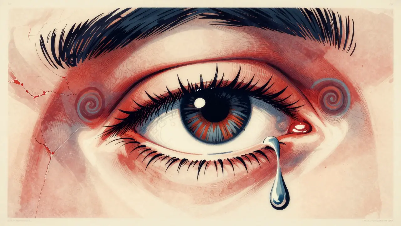 Inward-rolling eyelid with lashes scraping the eyeball, tears and mucus swirling in stylized form.