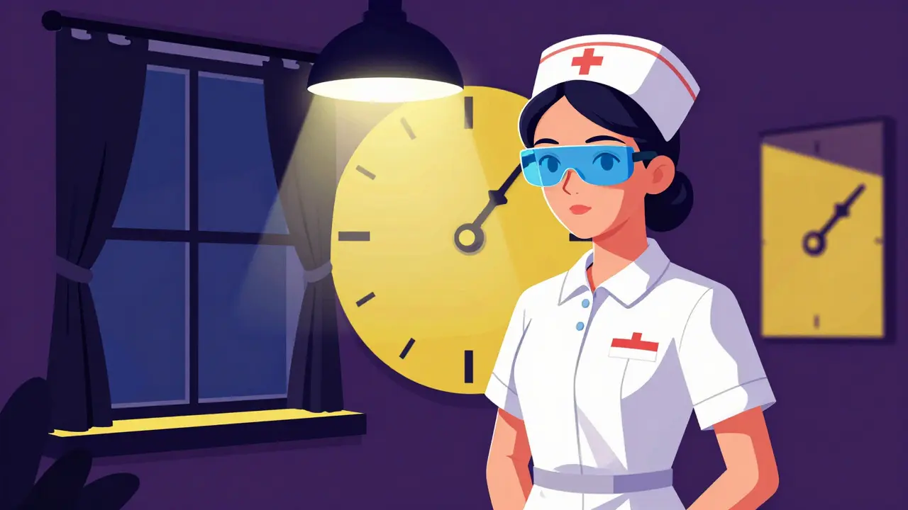 Nurse working night shift with blue-light glasses and blackout curtains