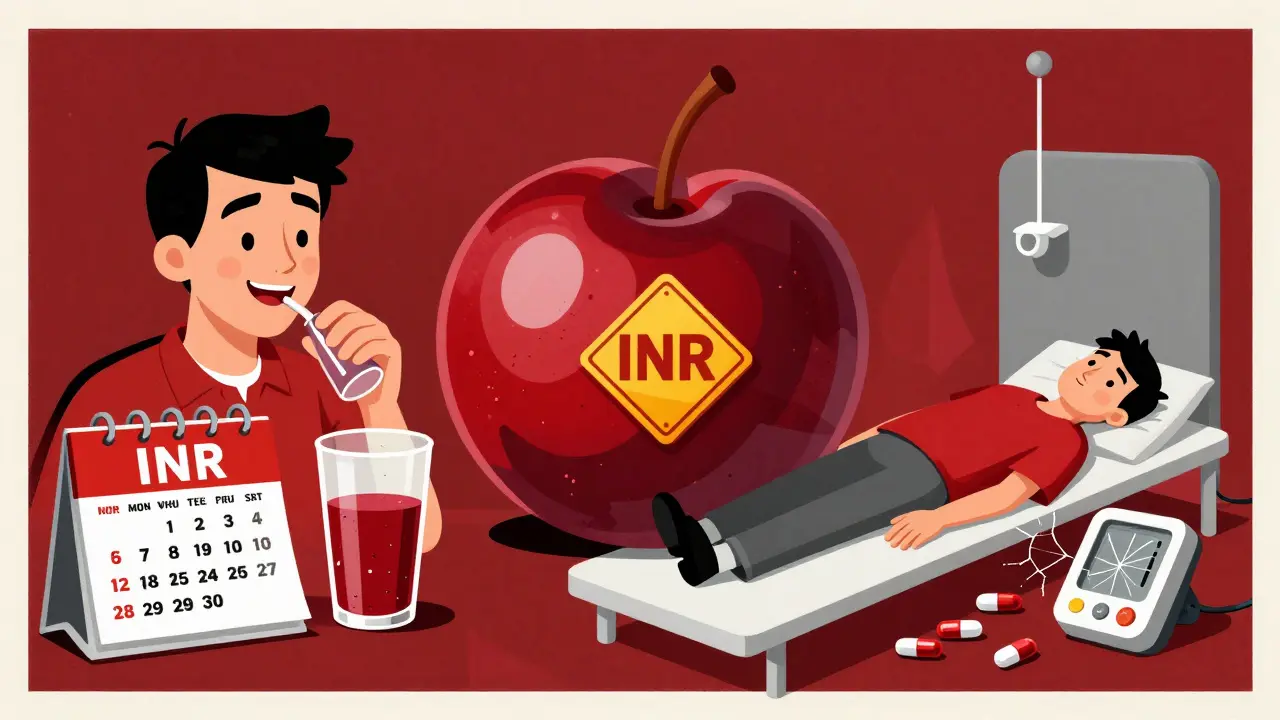 Split scene: person drinking cranberry juice vs. collapsed in hospital, separated by a warning cranberry.