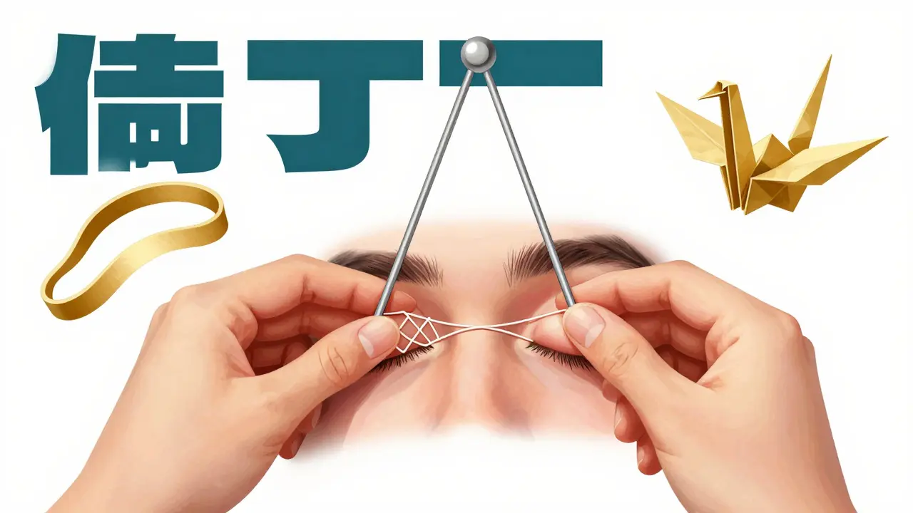 Surgical repair of eyelid with geometric threads and floating anatomical symbols in abstract style.