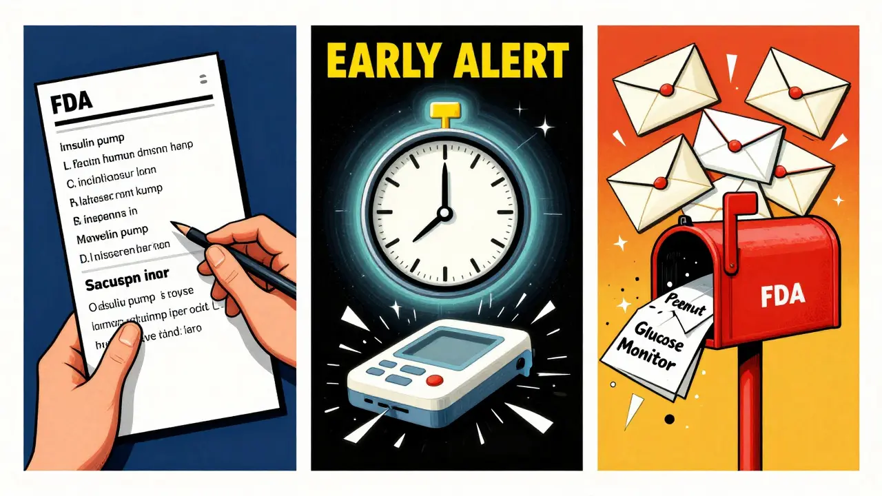 Three visual panels showing FDA subscription keywords, early alerts, and targeted email notifications.