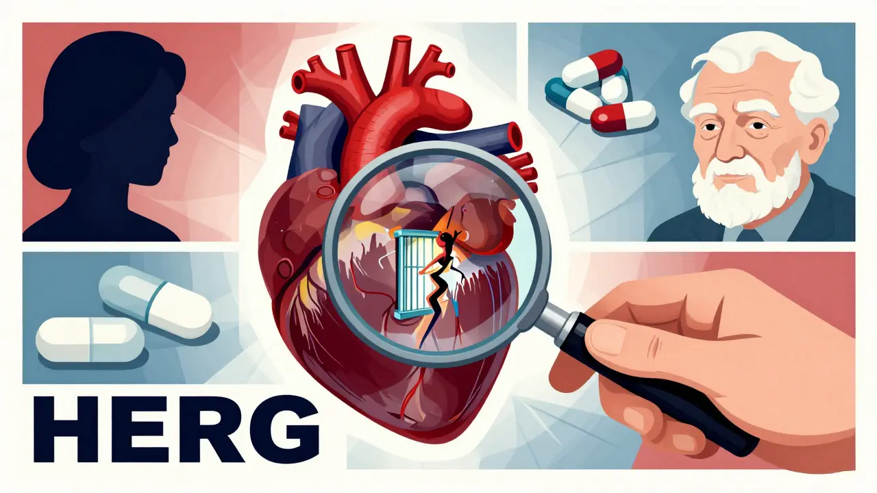 A magnifying glass revealing a broken ion channel in a heart, surrounded by risk factor icons.