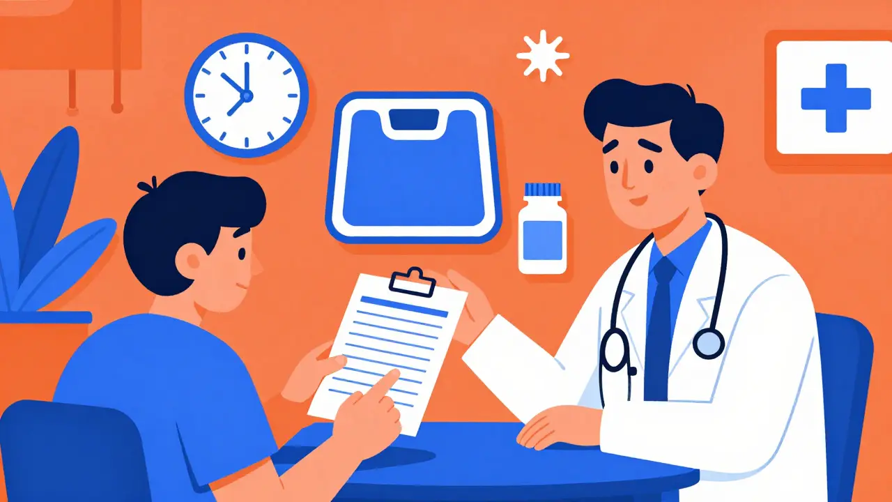 A patient hands a symptom log to a doctor, with floating icons of time, severity, and medication in stylized Polish poster design.