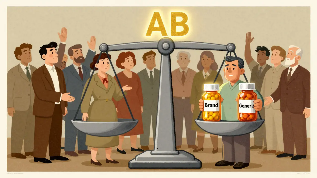 A patient holding generic and brand pills before a balanced scale with an 'AB' rating, surrounded by people accessing medicine.