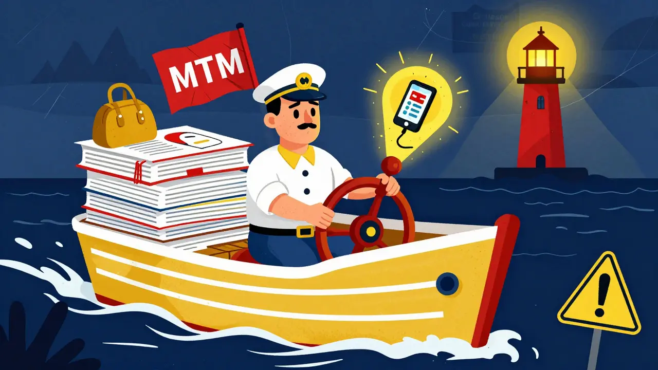 A patient steers a ship made of medical files through stormy prescriptions, guided by a lighthouse labeled 'Care Coordinator'.