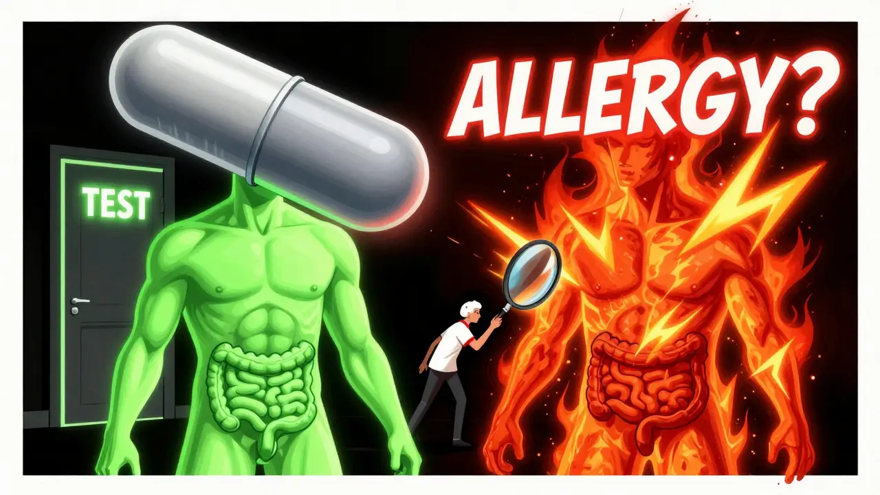 A person's body divided between calm adjustment and fiery allergy, with a penicillin pill and glowing 'TEST' door in Polish poster style.