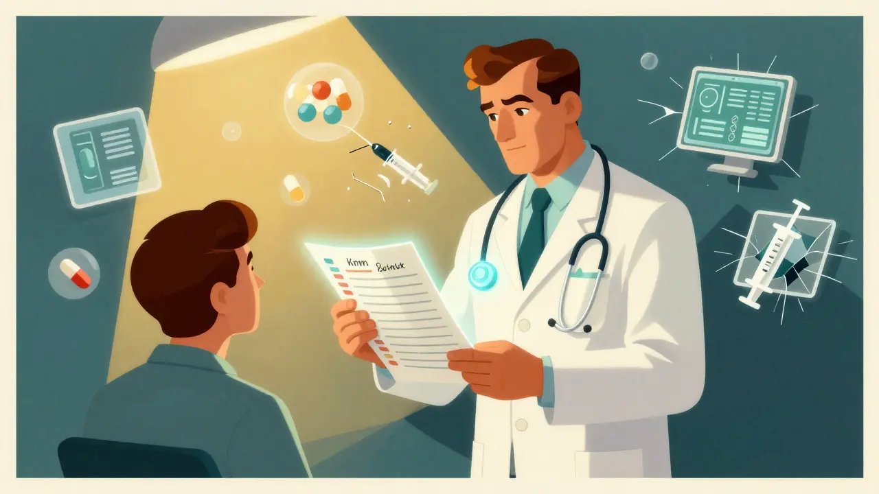 A pharmacist heroically reviews a medication chart with a patient, while conflicting EHR screens shatter around them.