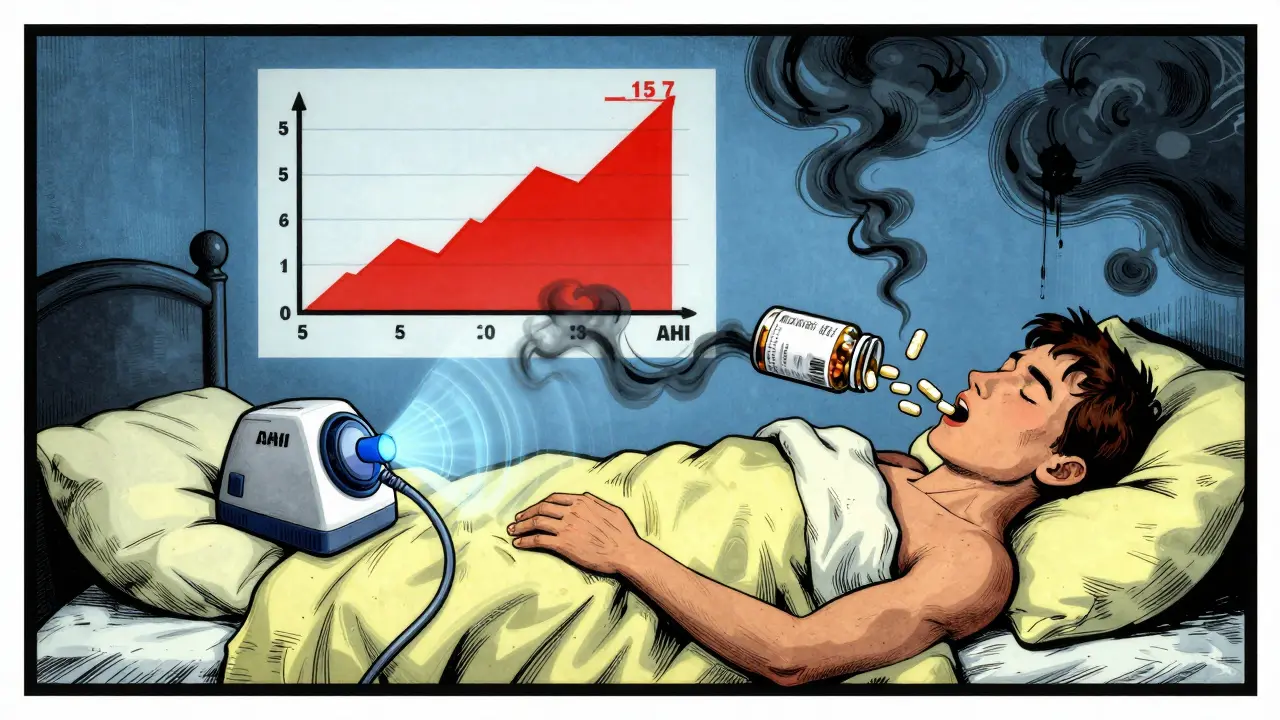A sleeper's body splits between CPAP safety and opioid-induced airway choking with rising apnea graph.