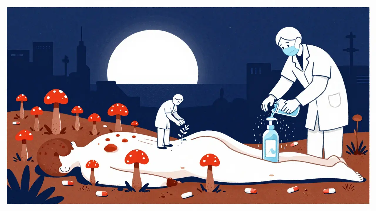 A surreal landscape where acne bumps grow like mushrooms from steroid pills, with a person treating them like a garden.