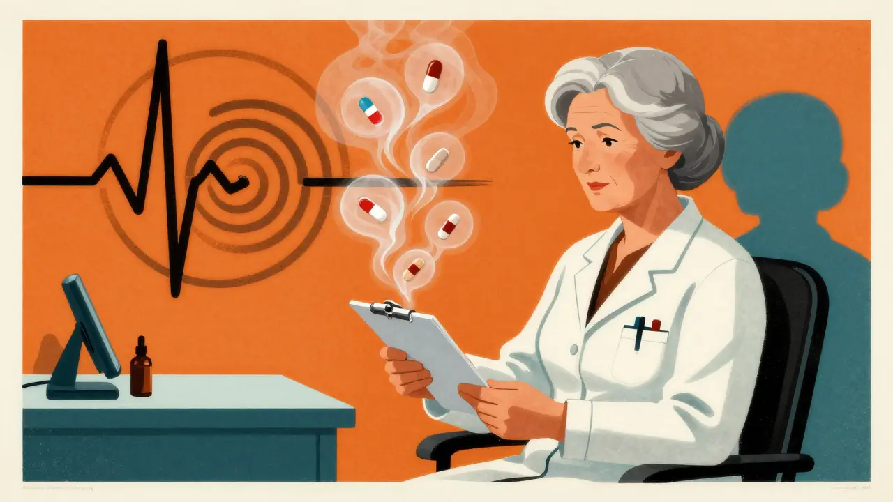 An elderly woman with ghostly drug symbols rising from her prescription, forming a dangerous heart rhythm.