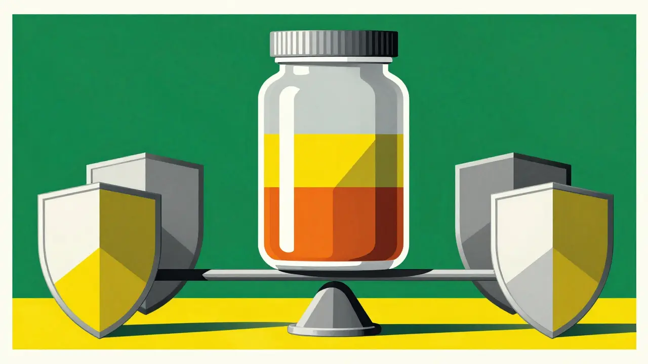 Balanced scale with protective shields symbolizing drug regulation and safety standards.