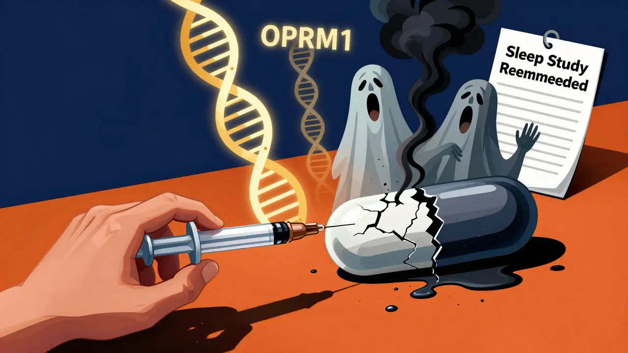 Naloxone syringe pierces a crumbling opioid pill as ghostly gasping figures emerge from the smoke.
