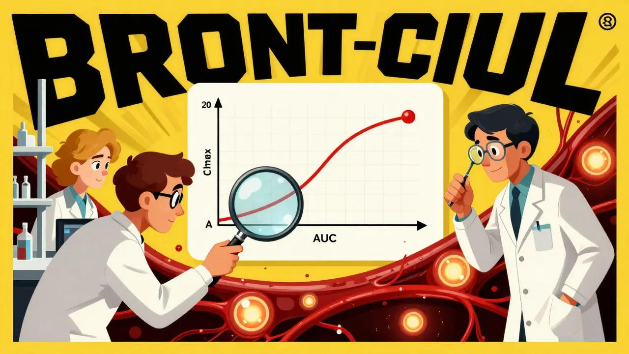 Scientists analyzing overlapping drug absorption curves in a laboratory, rendered in high-contrast poster art style.