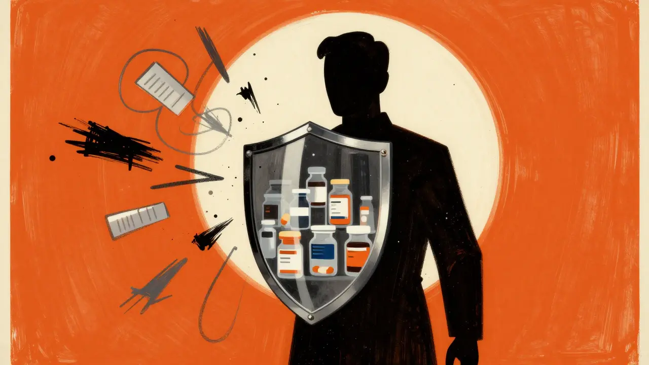 Silhouette shielding medicines from chaotic error clouds.