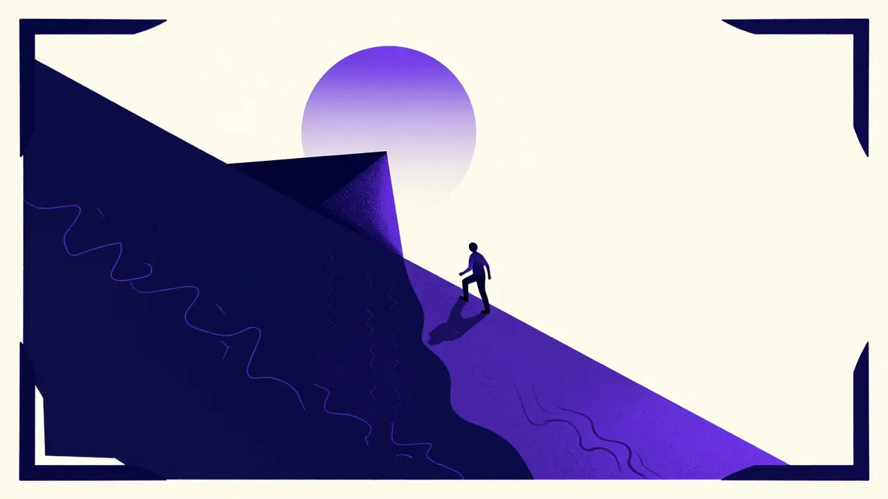 Small figure climbing steep slope for final medication reduction stage