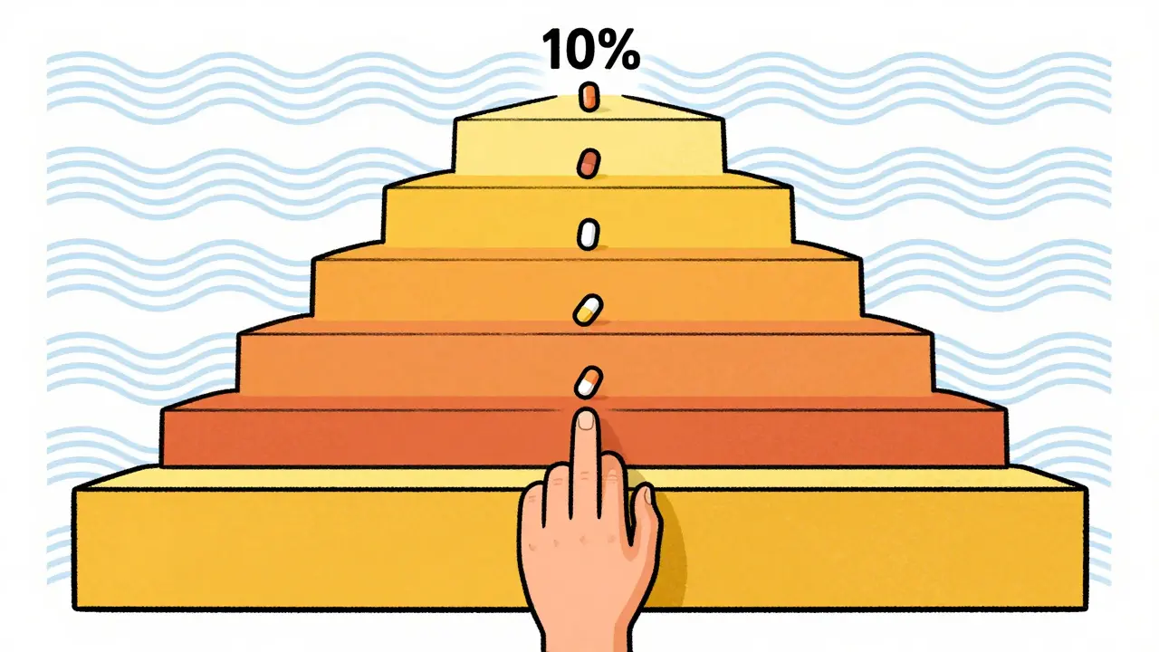 Step pyramid with descending pills illustrating gradual tapering process