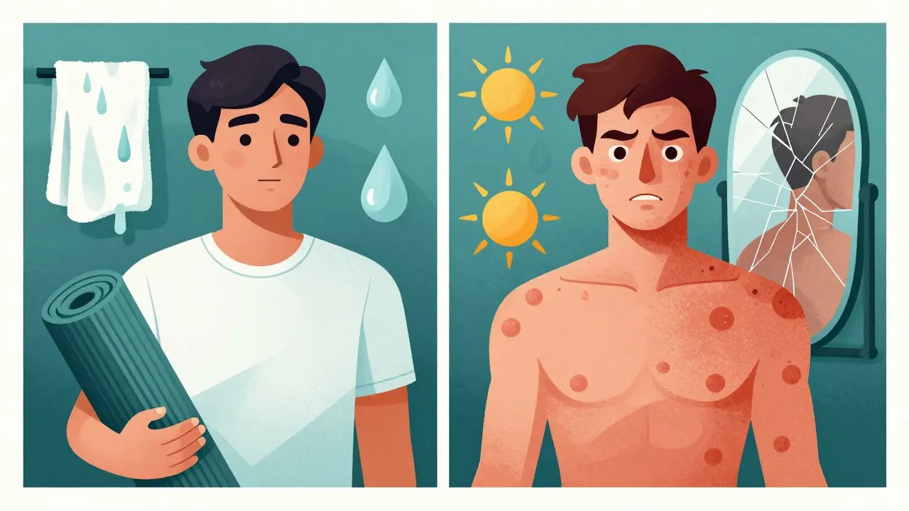 Two figures side by side: one with clear skin, the other with steroid acne, surrounded by lifestyle symbols like sweat and sun.