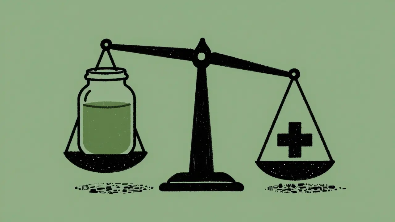 A balance scale weighing a jar of homemade kombucha against a pharmacy symbol.
