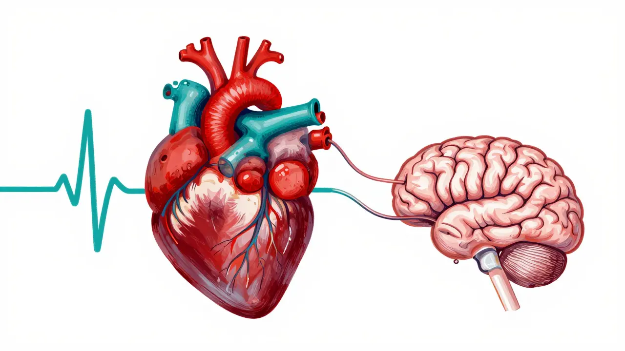 A conceptual drawing of a heart and brain connected to digital data and medical tools.