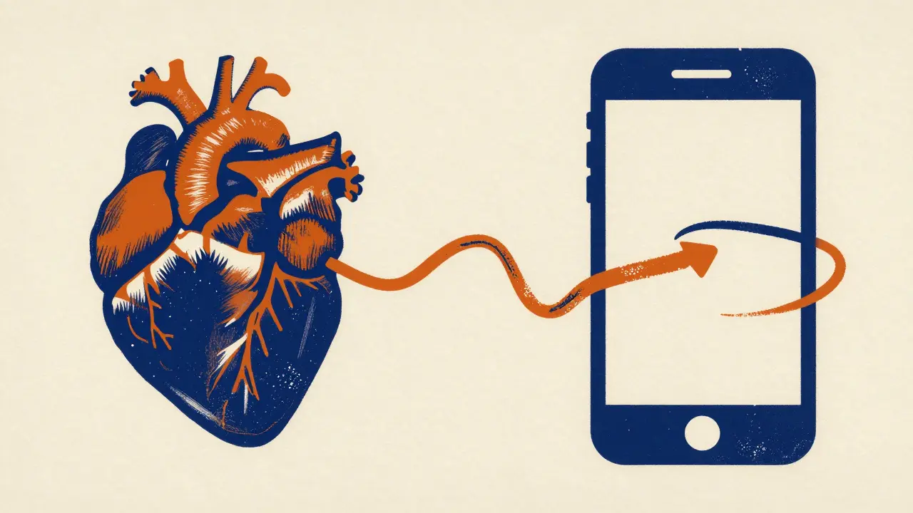Abstract graphic of a heart connected to a smartphone symbolizing online prescriptions.