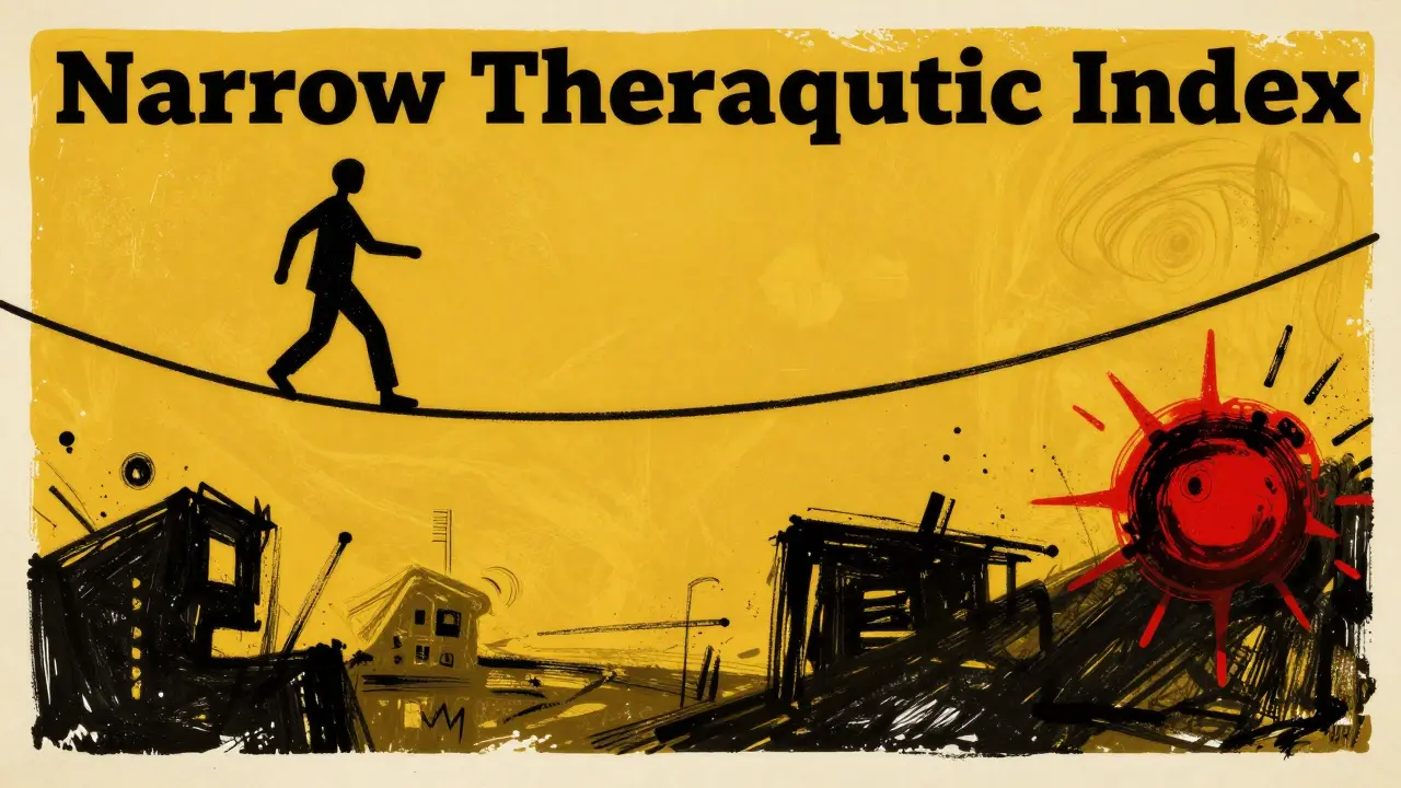 Abstract illustration of a tightrope walker representing narrow therapeutic index risks.