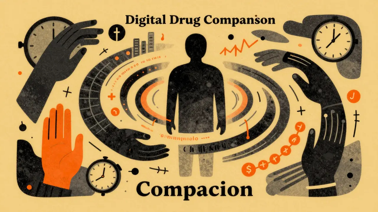 An abstract silhouette surrounded by symbols of time and support in a minimalist style.