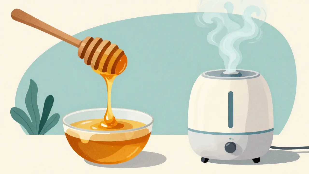 Artistic composition of a honey dipper and a humidifier with organic shapes and soft colors.