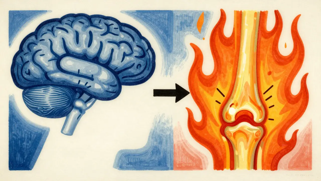 Conceptual art contrasting a blue brain for acetaminophen and an orange inflamed joint for NSAIDs.